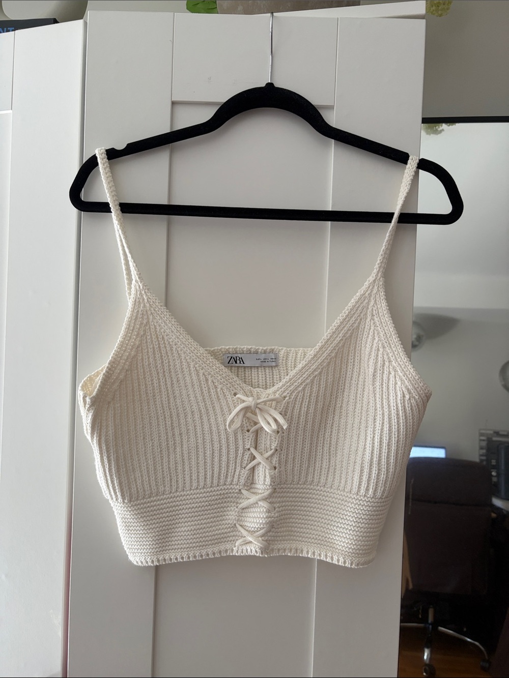 Zara Cream Ribbed Lace-Up Cropped Knit Top